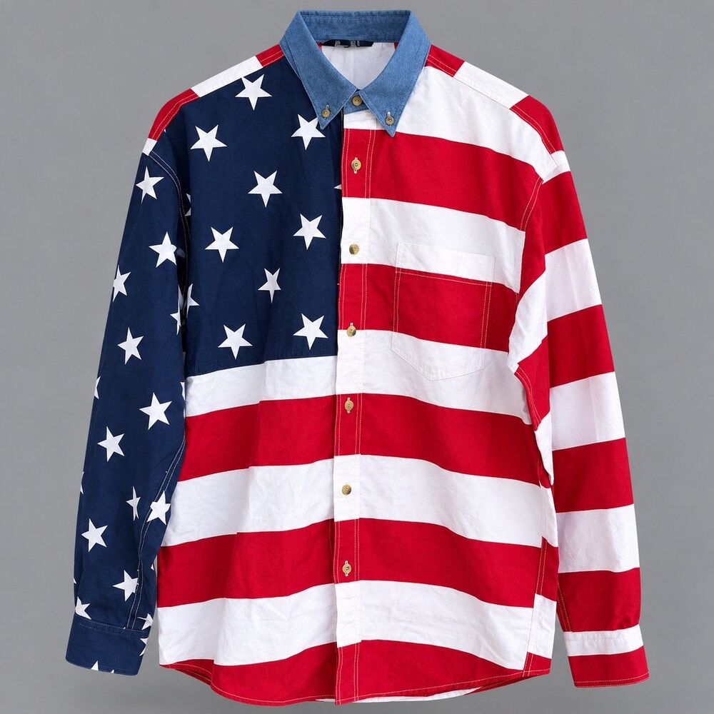 Roper Western Wear Mens American Flag Stars and Stripes LS Button Down Shirt L